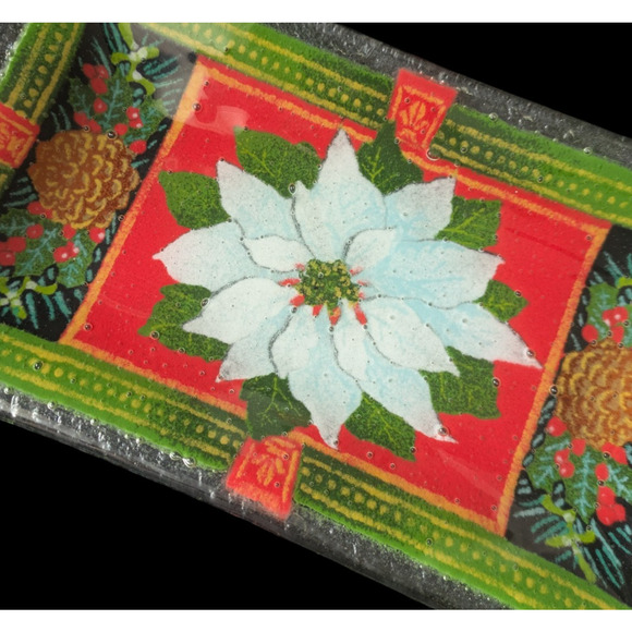 Peggy Karr White Poinsettia 2004 Rectangle 9.75" Tray Fused Art Glass Christmas - Picture 5 of 5